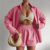 Solid Long Sleeve Shirt And Shorts 2 Piece Sets ME-8161
