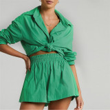 Solid Long Sleeve Shirt And Shorts 2 Piece Sets ME-8161