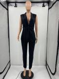 Solid Sleeveless Split Blazer Two Piece Sets SMD-82095