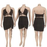 Plus Size Solid Top+Ruched Mini Skirt 2 Piece Sets WPF-80448