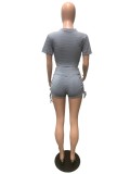 Solid Crop Top Drawstring Shorts 2 Piece Sets QZX-6261
