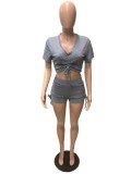 Solid Crop Top Drawstring Shorts 2 Piece Sets QZX-6261