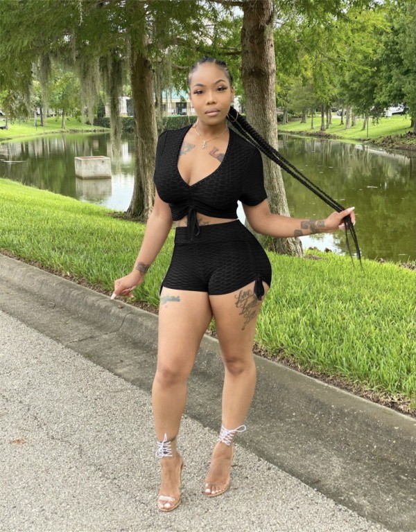 Solid Crop Top Drawstring Shorts 2 Piece Sets QZX-6261