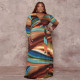 Plus Size Printed V Neck Long Sleeve Sashes Maxi Dress OSIF-22426