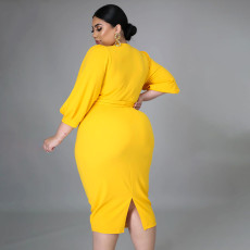 Plus Size Solid 3/4 Sleeve Sashes Midi Dress ONY-7029