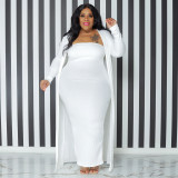 Plus Size Solid Strapless Maxi Dress+Long Cloak 2 Piece Sets NNWF-7575