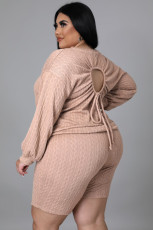 Plus Size Solid Long Sleeve Backless 2 Piece Shorts Sets OSM2-5309