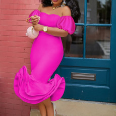 Plus Size Puff Sleeve Off-Shoulder Ruffle Midi Dress GKEN-220437