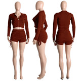 Solid Long Sleeve Zipper Drawstring Shorts 2 Piece Sets ME-8174