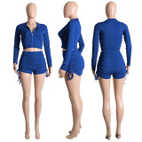 Solid Long Sleeve Zipper Drawstring Shorts 2 Piece Sets ME-8174
