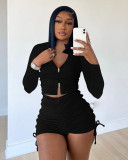 Solid Long Sleeve Zipper Drawstring Shorts 2 Piece Sets ME-8174