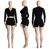 Solid Long Sleeve Zipper Drawstring Shorts 2 Piece Sets ME-8174