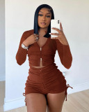 Solid Long Sleeve Zipper Drawstring Shorts 2 Piece Sets ME-8174