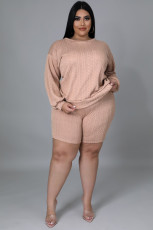 Plus Size Solid Long Sleeve Backless 2 Piece Shorts Sets OSM2-5309