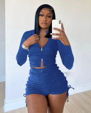 Solid Long Sleeve Zipper Drawstring Shorts 2 Piece Sets ME-8174