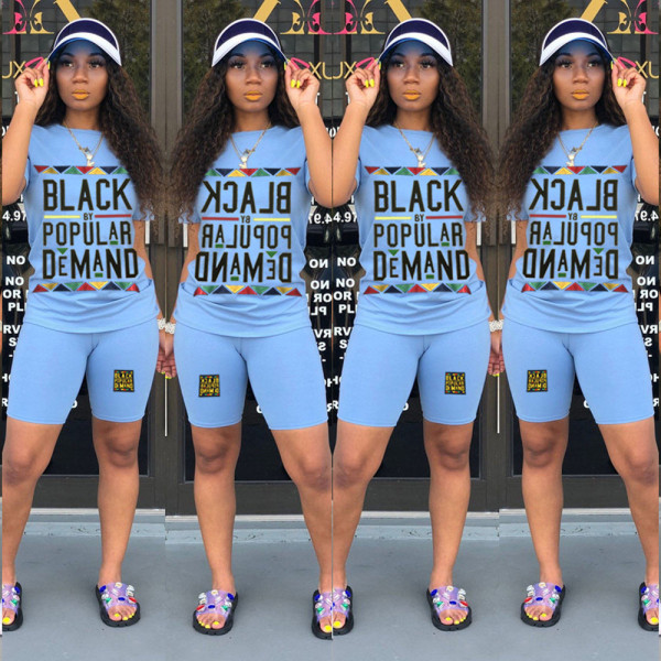 Plus Size Letter Print T Shirt And Shorts 2 Piece Sets LSL-6292
