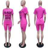 Plus Size Letter Print T Shirt And Shorts 2 Piece Sets LSL-6292