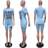 Plus Size Letter Print T Shirt And Shorts 2 Piece Sets LSL-6292