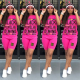 Plus Size Letter Print T Shirt And Shorts 2 Piece Sets LSL-6292