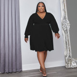 Plus Size Solid V Neck Long Sleeve Sashes High Waist Dress OSIF-22488