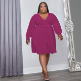 Plus Size Solid V Neck Long Sleeve Sashes High Waist Dress OSIF-22488