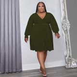 Plus Size Solid V Neck Long Sleeve Sashes High Waist Dress OSIF-22488