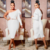 Elegant Solid One Shoulder Bow-knot Split Midi Dress BY-5933