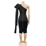 Elegant Solid One Shoulder Bow-knot Split Midi Dress BY-5933