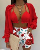 Plus Size Bra Top+Long Sleeve Shirt+Shorts 3 Piece Sets GSRX-Q6623