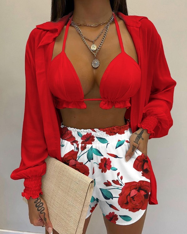 Plus Size Bra Top+Long Sleeve Shirt+Shorts 3 Piece Sets GSRX-Q6623
