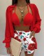 Plus Size Bra Top+Long Sleeve Shirt+Shorts 3 Piece Sets GSRX-Q6623