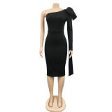 Elegant Solid One Shoulder Bow-knot Split Midi Dress BY-5933