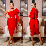 Elegant Solid One Shoulder Bow-knot Split Midi Dress BY-5933