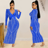 Sexy Rhinestones Long Sleeve V Neck Night Club Maxi Dress BY-5912
