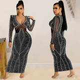Sexy Rhinestones Long Sleeve V Neck Night Club Maxi Dress BY-5912