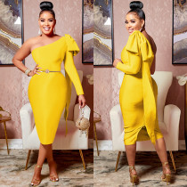 Elegant Solid One Shoulder Bow-knot Split Midi Dress BY-5933