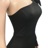 Elegant Solid One Shoulder Bow-knot Split Midi Dress BY-5933