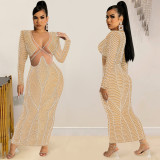 Sexy Rhinestones Long Sleeve V Neck Night Club Maxi Dress BY-5912