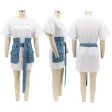 Denim Patchwork Short Sleeve Belted Mini Dress HNIF-HN087