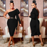 Elegant Solid One Shoulder Bow-knot Split Midi Dress BY-5933