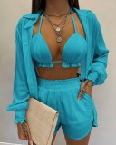 Plus Size Bra Top+Long Sleeve Shirt+Shorts 3 Piece Sets GSRX-Q6623