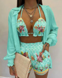 Plus Size Bra Top+Long Sleeve Shirt+Shorts 3 Piece Sets GSRX-Q6623
