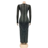 Sexy Rhinestones Long Sleeve V Neck Night Club Maxi Dress BY-5912