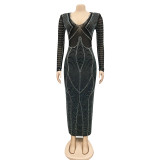 Sexy Rhinestones Long Sleeve V Neck Night Club Maxi Dress BY-5912