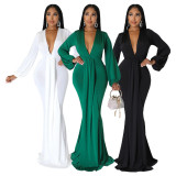 Solid V Neck Long Sleeve High Waist Maxi Evening Dress YF-10212