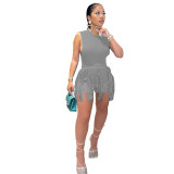 Plus Size Sleeveless Tassel Shorts Two Piece Set MUE-M7488