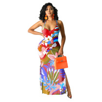 Sexy Printed Backless Cross Strap Split Maxi Dress HNIF-025