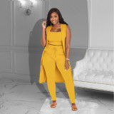 Solid Ribbed Tank Top+Sleeveless Long Cloak+Pants 3 Piece Sets ZDF-31227