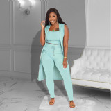 Solid Ribbed Tank Top+Sleeveless Long Cloak+Pants 3 Piece Sets ZDF-31227