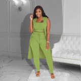 Solid Ribbed Tank Top+Sleeveless Long Cloak+Pants 3 Piece Sets ZDF-31227